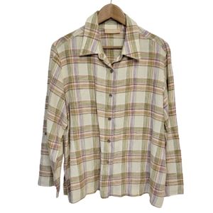Kate Hill Casual Linen Shirt XL Plaid Long Sleeve Button Collar.Pristine cond